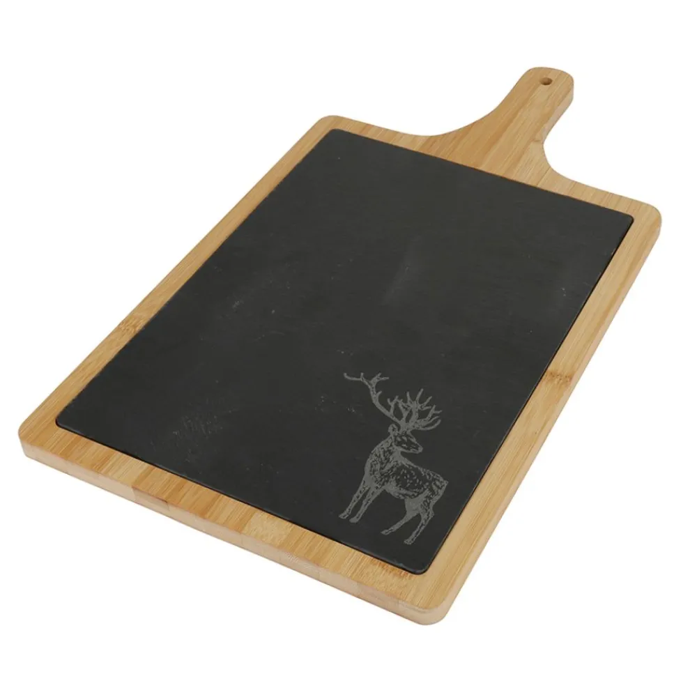 TP Bretter Und Tabletts^Bambus-Servierbrett Mit Schieferplatte Und Hirschmotiv