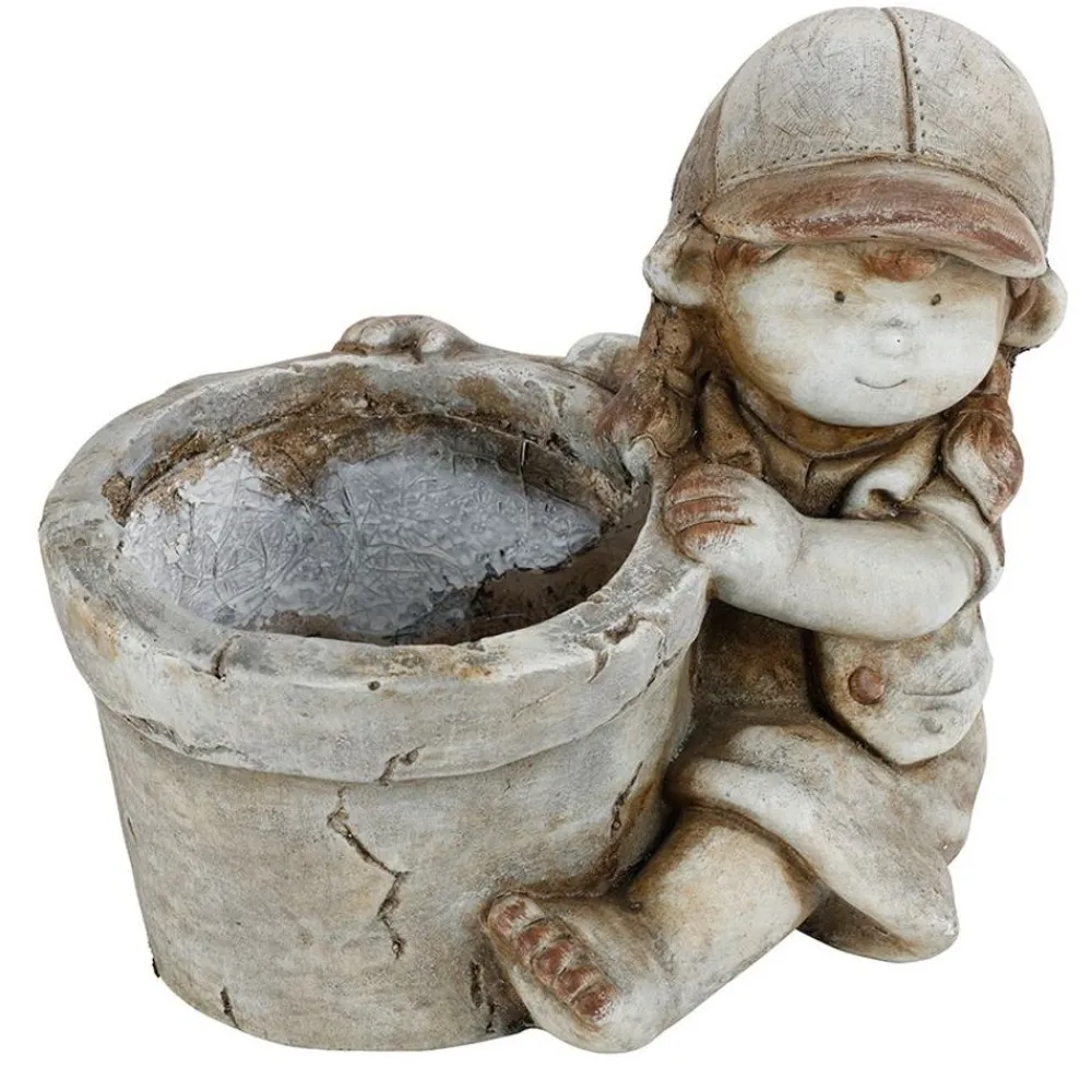 TP Gartenfiguren^Dekofigur Kind Mit Blumentopf 30X26Cm Grau