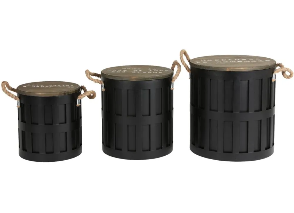 New Home Sitzmöbel^3Er-Set Sitztonnen Aus Metall Mit Holzdeckel Schwarz