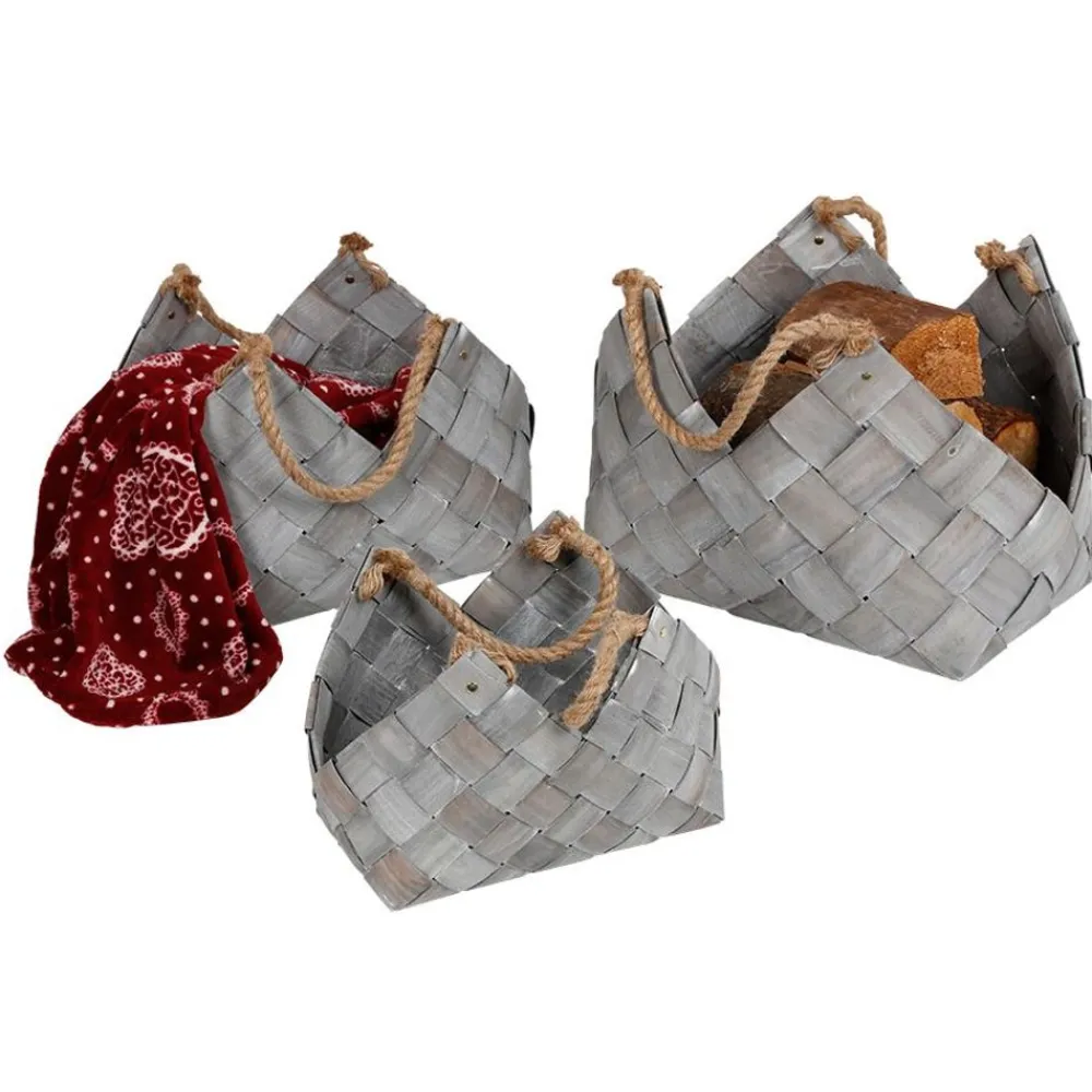 TP Körbe Und Taschen^HolzKörbe Eckig Mit Webmuster Und Jute-Kordeln 3Er-Set
