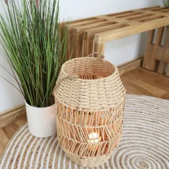 New Home Laternen Und Kerzenhalter^Laterne Aus Naturfaser Mit Glaseinsatz 41Cm