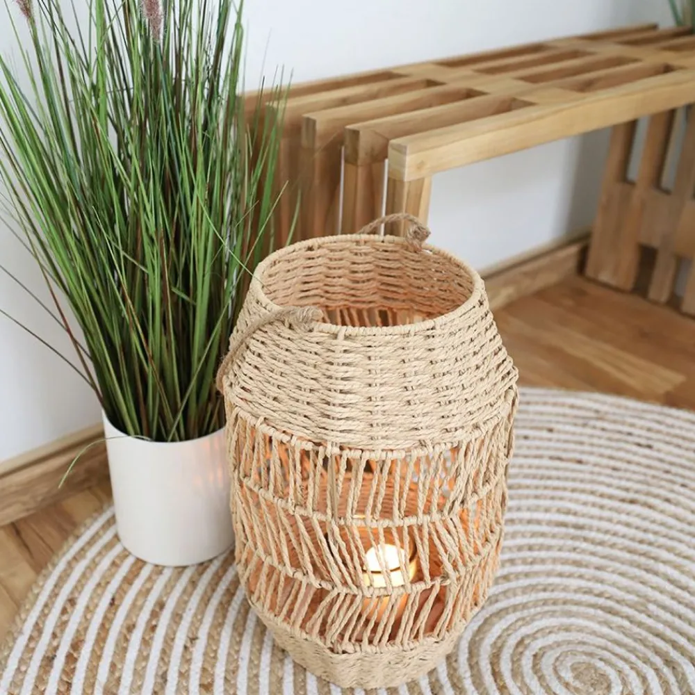 New Home Laternen Und Kerzenhalter^Laterne Aus Naturfaser Mit Glaseinsatz 41Cm