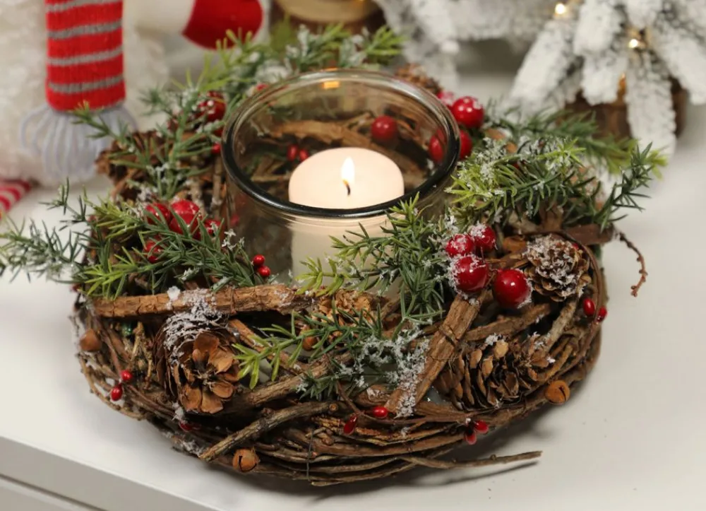 New Home Christmas Adventskränze^Weiden-Kranz Mit Windlicht Und Roten Beeren 22Cm