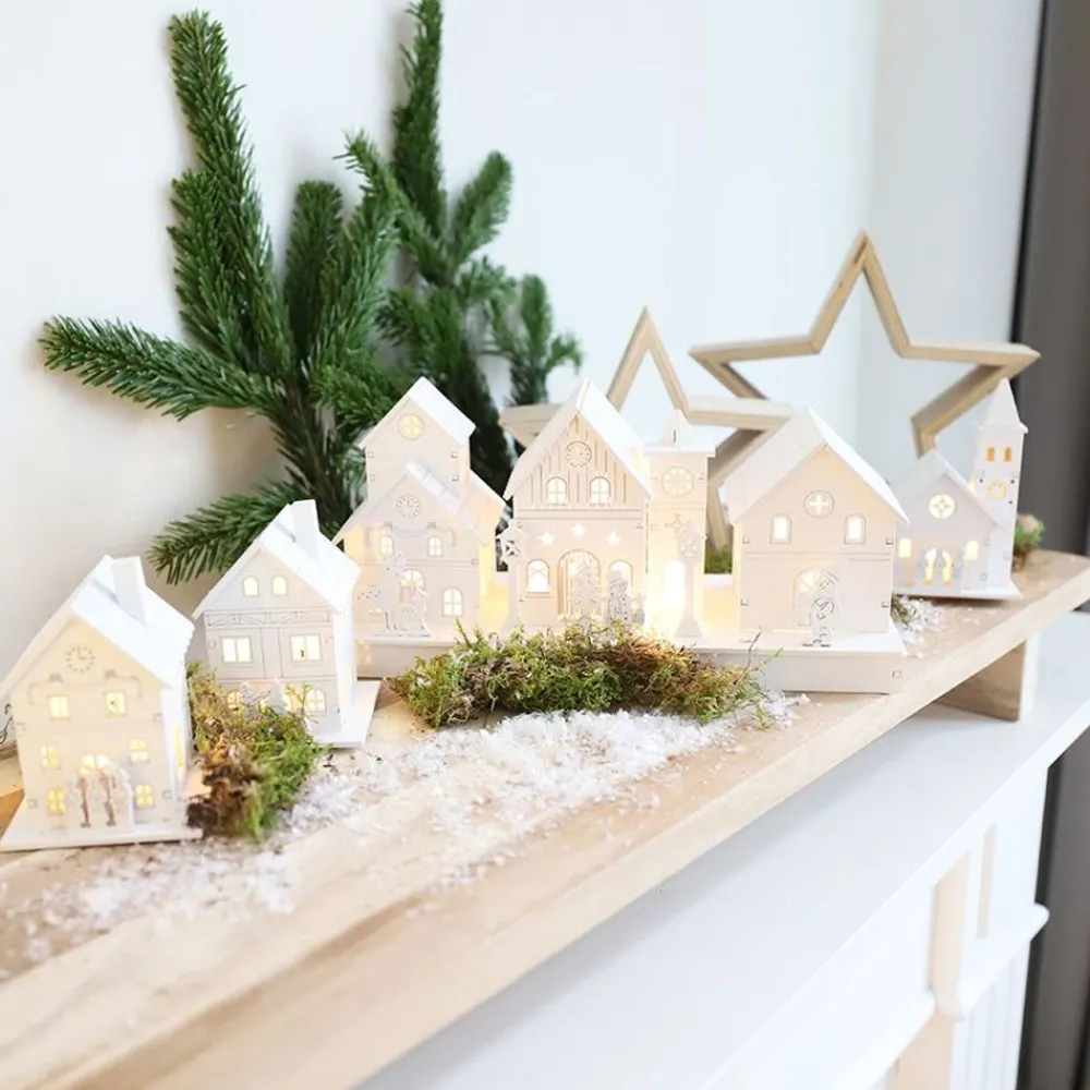 New Home Christmas Holzdeko^Weihnachtliches Led-Dekodorf Aus Holz Weis