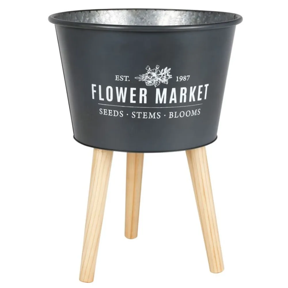 Pseudohersteller Pflanzkübel^Zinkubertopf Auf Holzbeinen Flower Market 35X46,5Cm Dunkelgrau